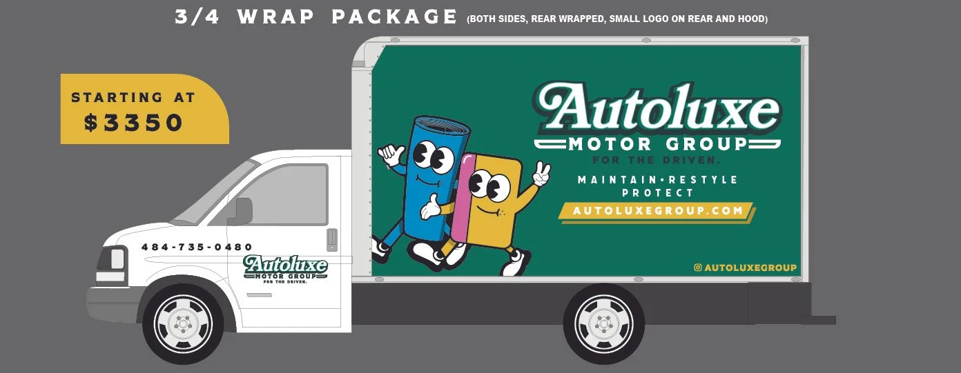 A delivery truck for Autoluxe Motor Group featuring cartoon images of a blue and yellow filter, both with expressive eyes and smiling faces. The truck has a large green advertisement on the side with the company's logo, slogan, website, and a starting price of $3350.