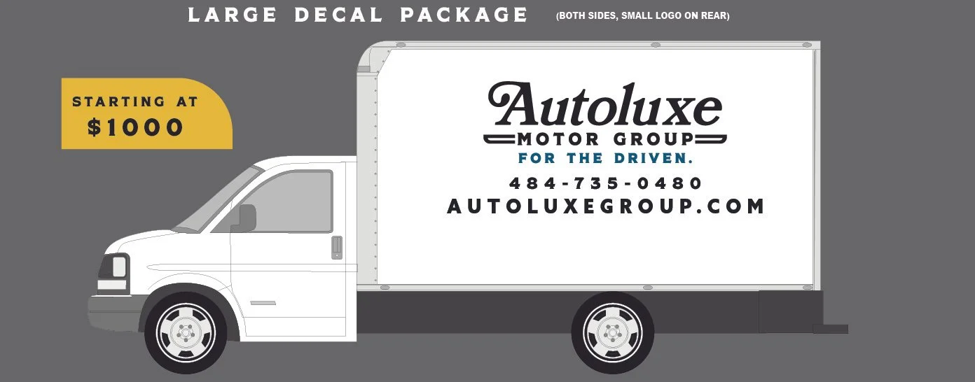 Illustration of a large delivery truck with advertisement for Autoluxe Motor Group on the side, contact number, and website, featuring a gray background and a yellow banner indicating starting price of $1000.