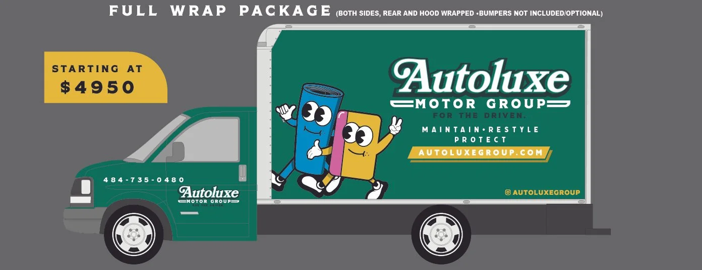 A green delivery truck for Autoluxe Motor Group. The side features cartoon characters of a blue battery and a yellow oil filter, both smiling and waving. The truck displays contact info, a website, and a starting price of $4950 for full wrap package.