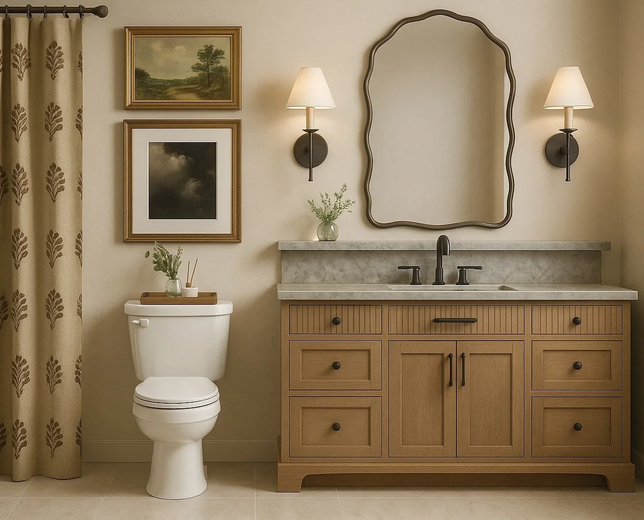 Rendering of a guest bath that will have a custom vanity with arched legs, a fluted drawer detail and marble countertops!