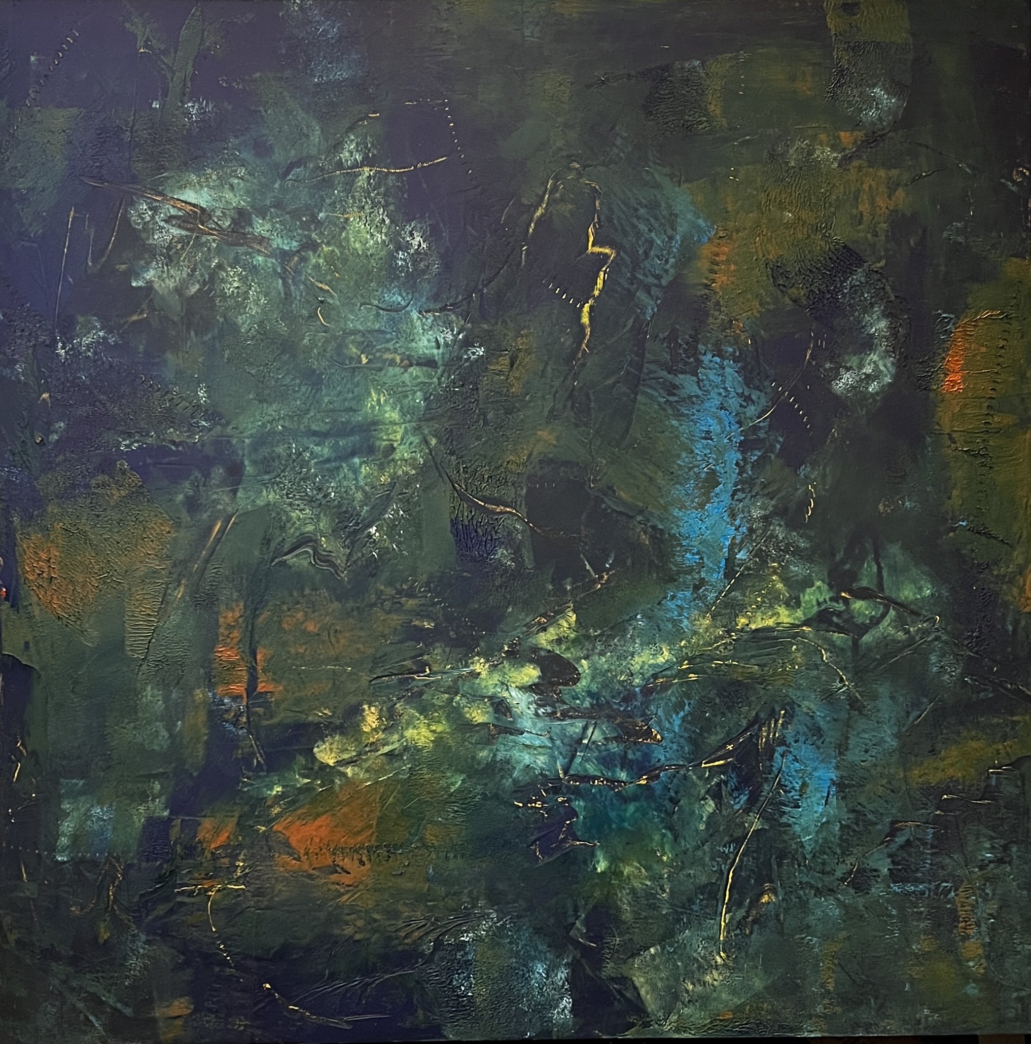 Beacons - 24 x 24, oil paint and cold wax on a wooden panel