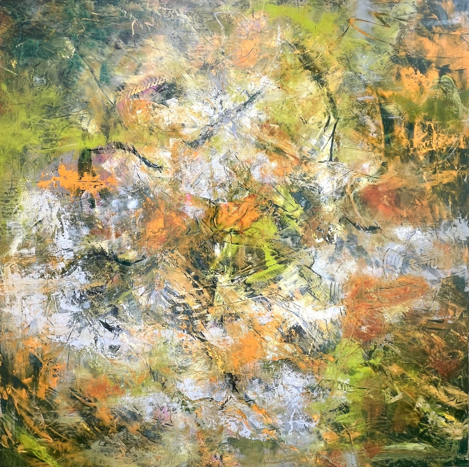 Awakenings - 30 x 30, oil paint and cold wax on wooden panel