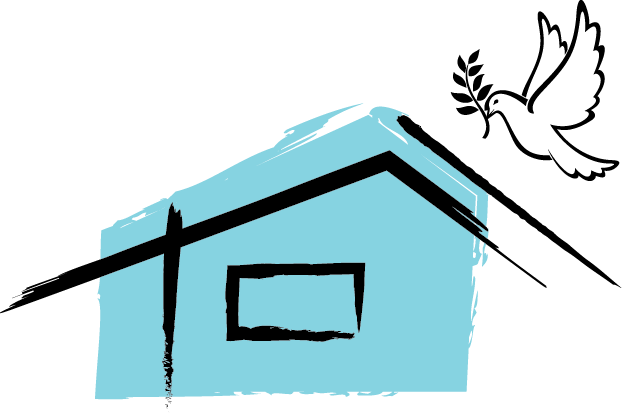 Illustration of a simple house with a sloped roof and a window, in black and light blue colors.