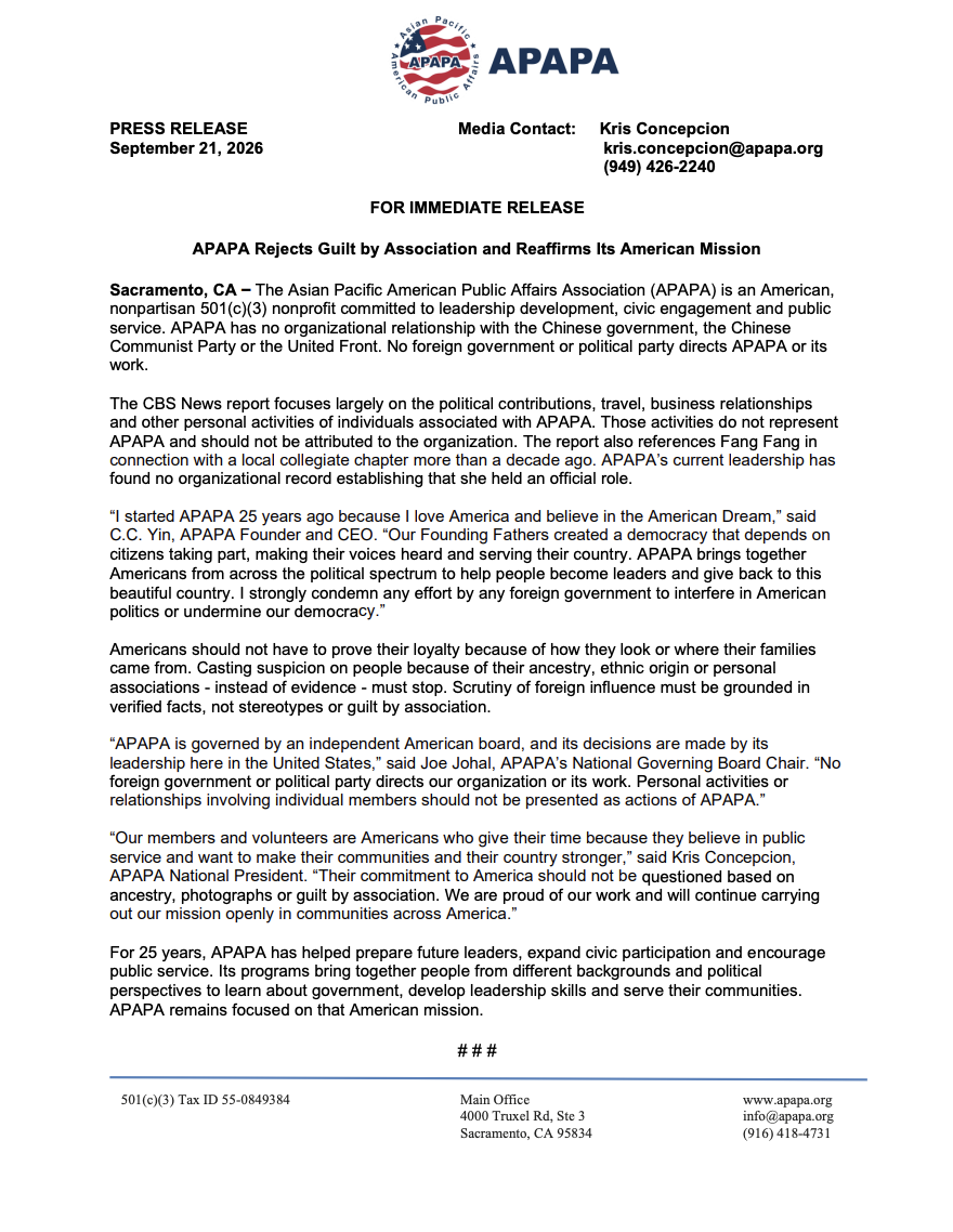 APAPA Rejects Guilt by Association and Reaffirms Its American Mission
