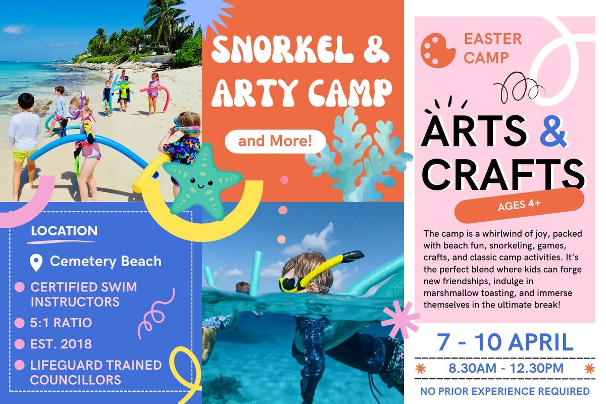 JOIN US THIS EASTER 🌞
We&rsquo;re currently booking our Snorkel &amp; Arty Camp. 🤿🎨🐠

Tues 7 - Fri 10 April
8.30am - 12.30pm
Cemetery Beach

Please let us know if you&rsquo;d like to join us this Easter. You can also head straight to the camp pag