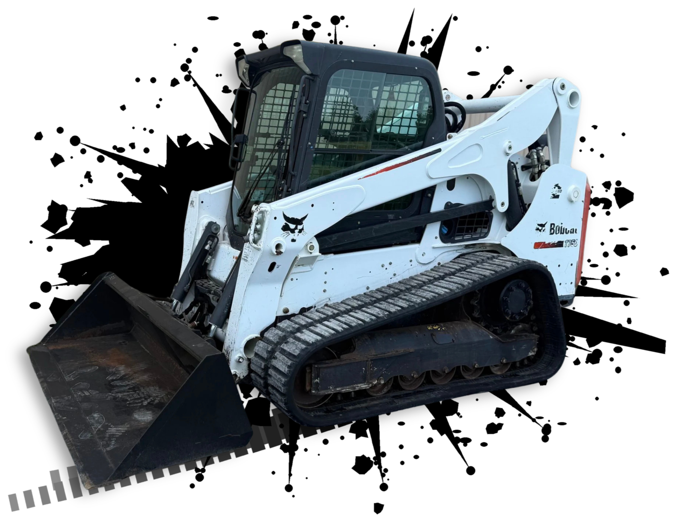 A white Bobcat compact track loader with a black cab and a black bucket attachment, isolated on a black background.