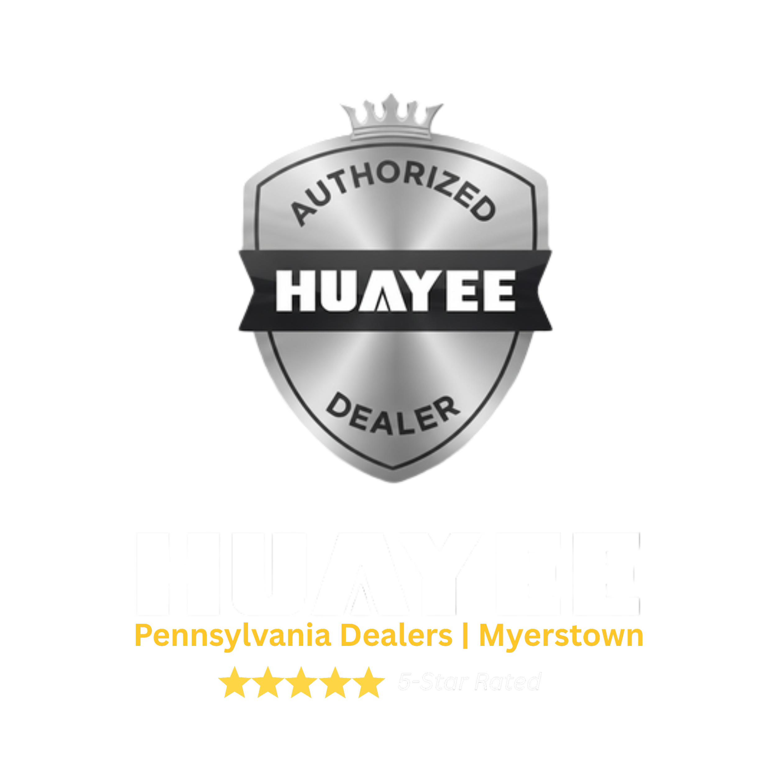 A badge with a crown on top, featuring text that says 'Authorized Huayee Dealer', and additional text about Pennsylvania dealers in Myerstown. It also displays a five-star rating.