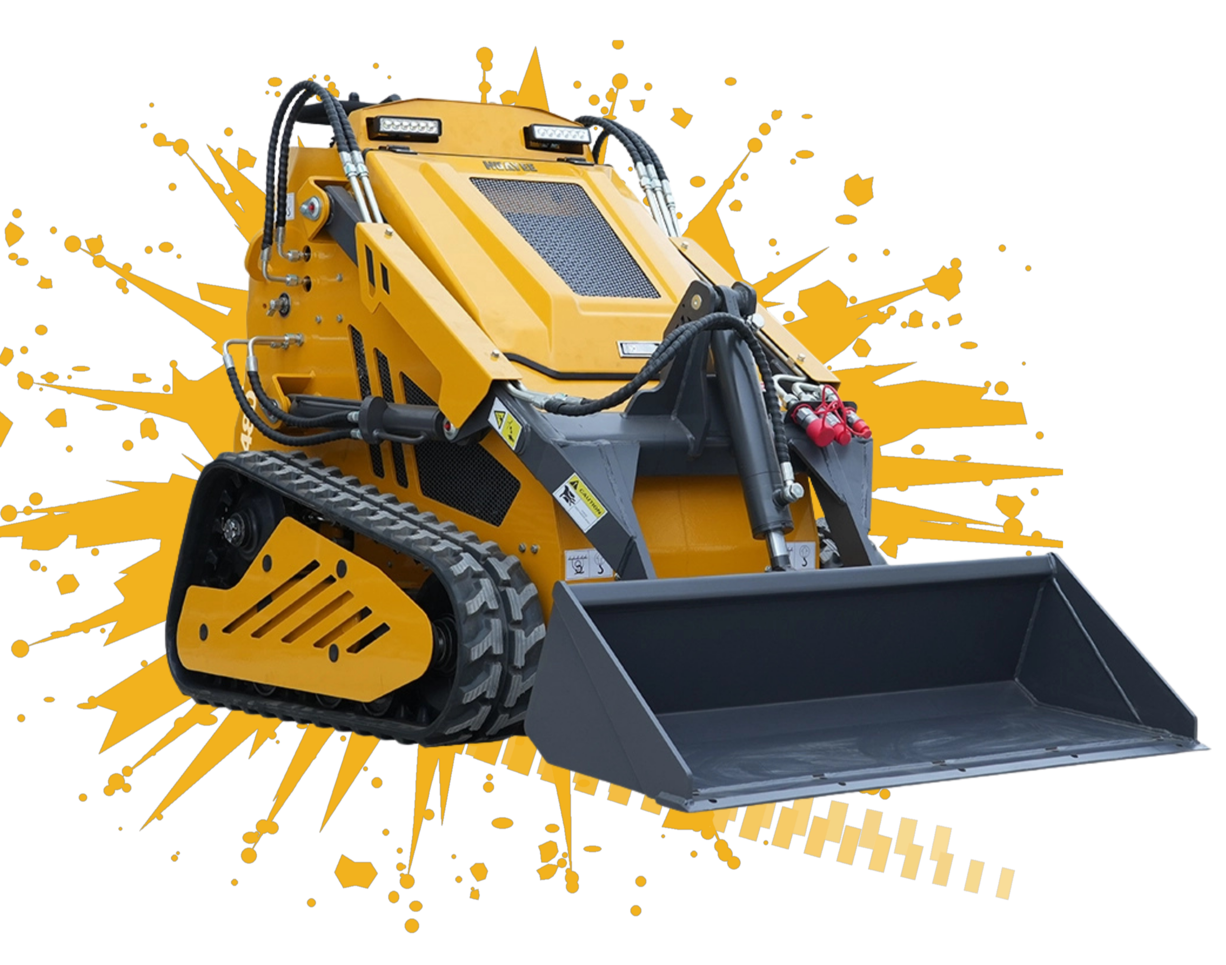 Yellow and black robotic digger with tank-like tracks and hydraulic arms, set against a black background with yellow splatter graphics.