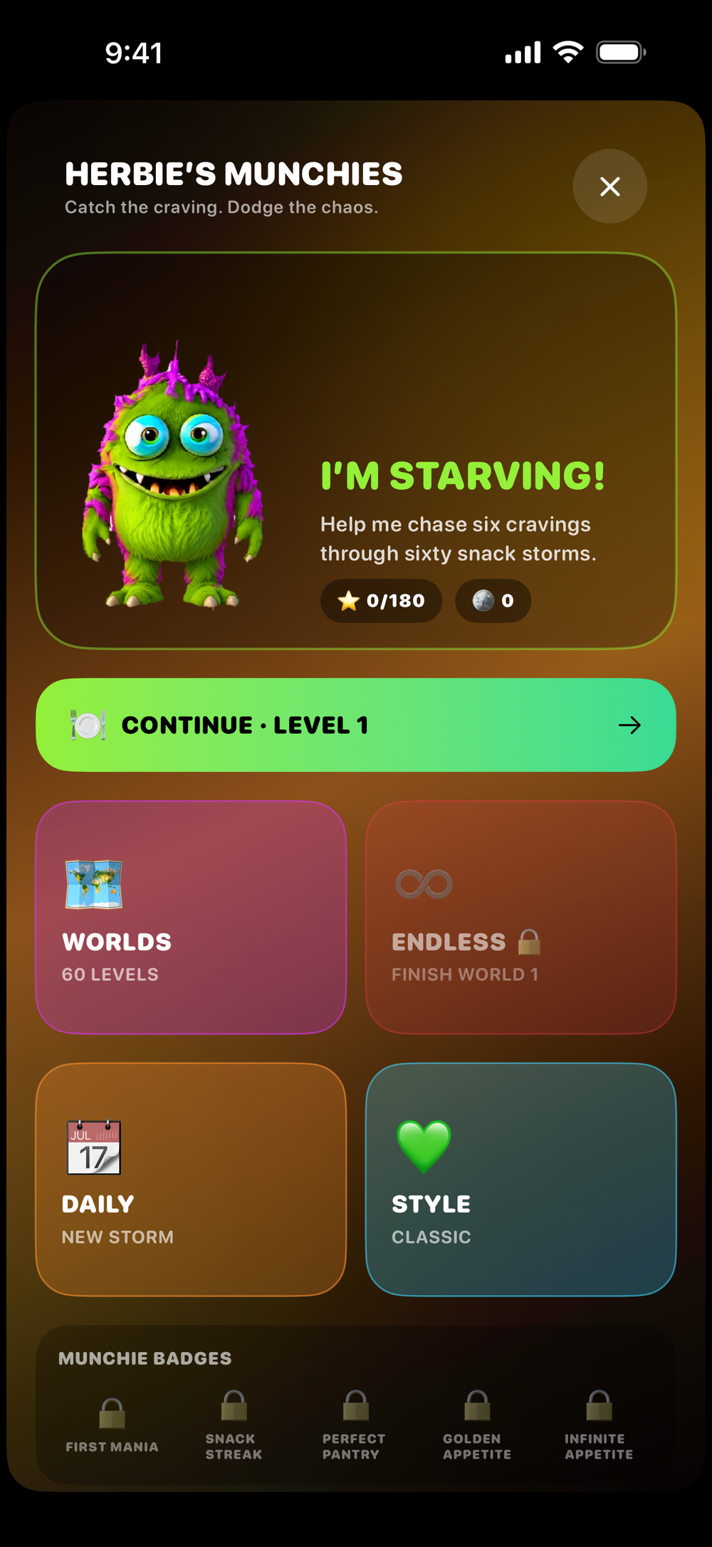 Herbie’s Munchies game overview with worlds and daily challenges displayed inside a phone
