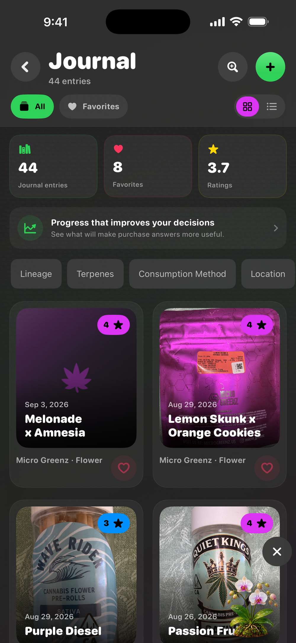 Product journal and favorites inside a phone