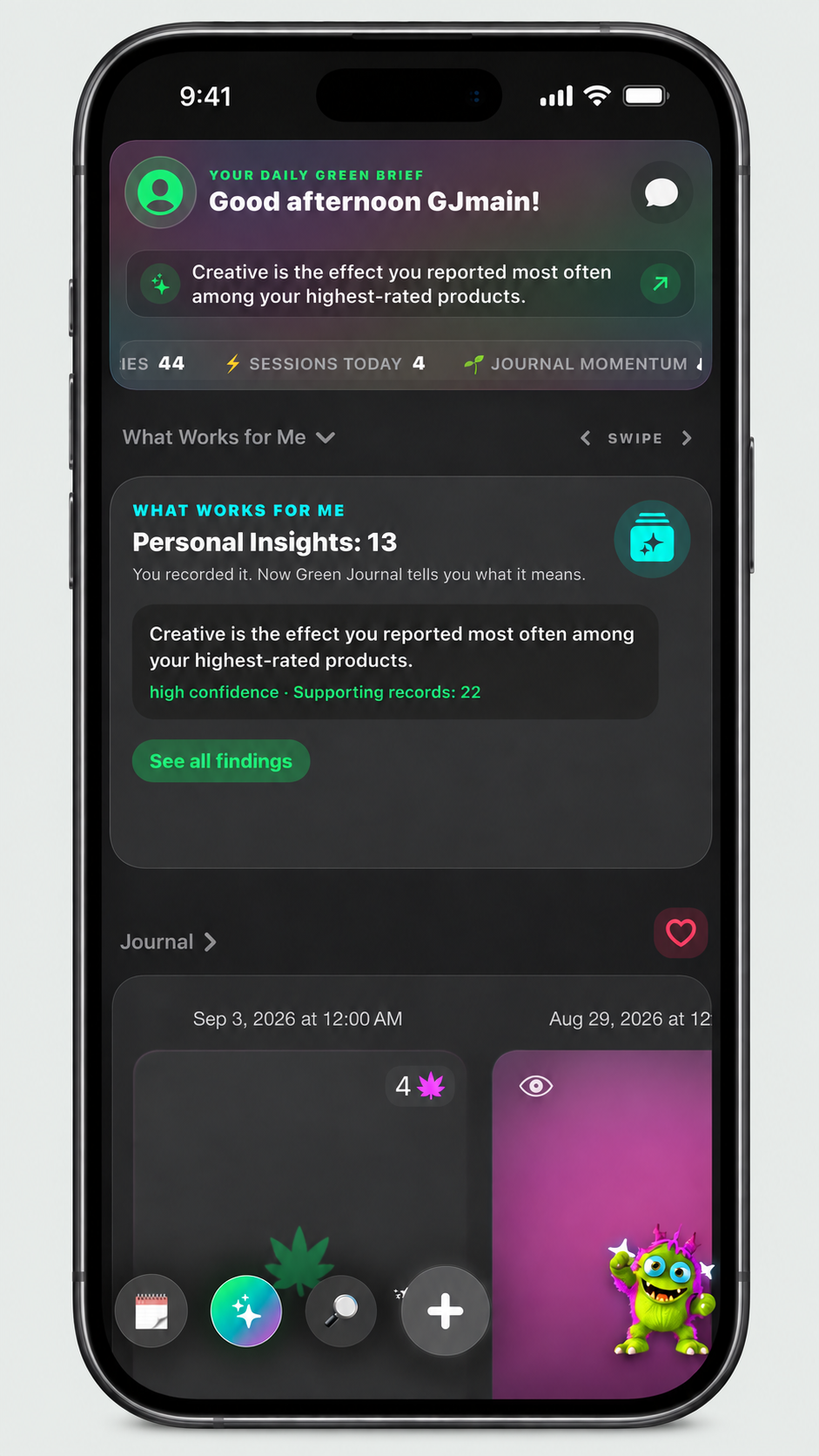 Current Green Journal personal insights screen displayed in a graphite phone.
