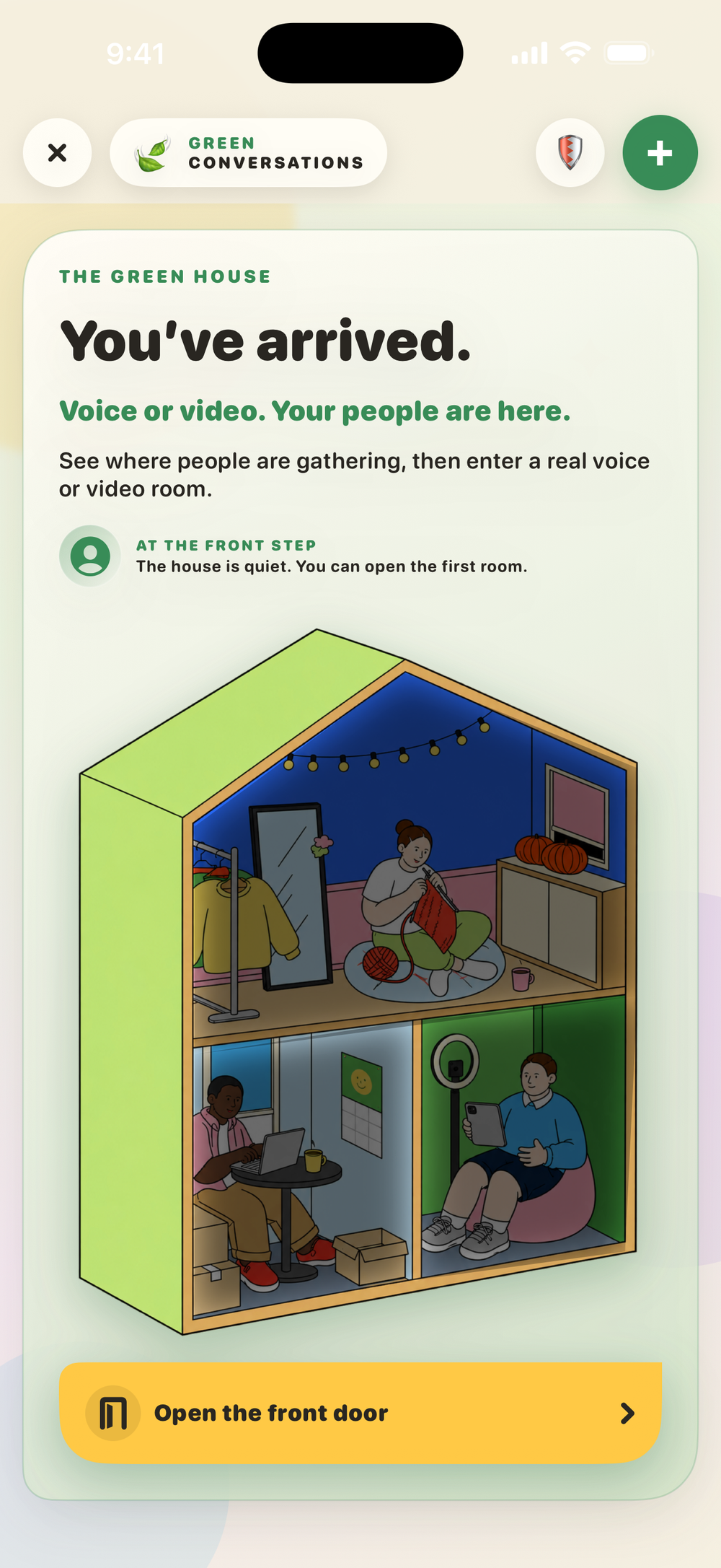 Green Conversations welcome screen inside a phone