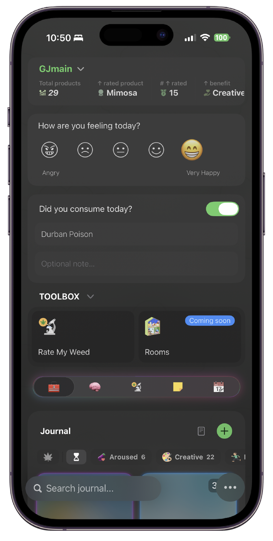 Green Journal Home page showing widgets. Analytics, How are you feeling, Did you consume, Toolbox; Rate My Weed - cannabis sommelier, Rooms, Journal entries and search field.