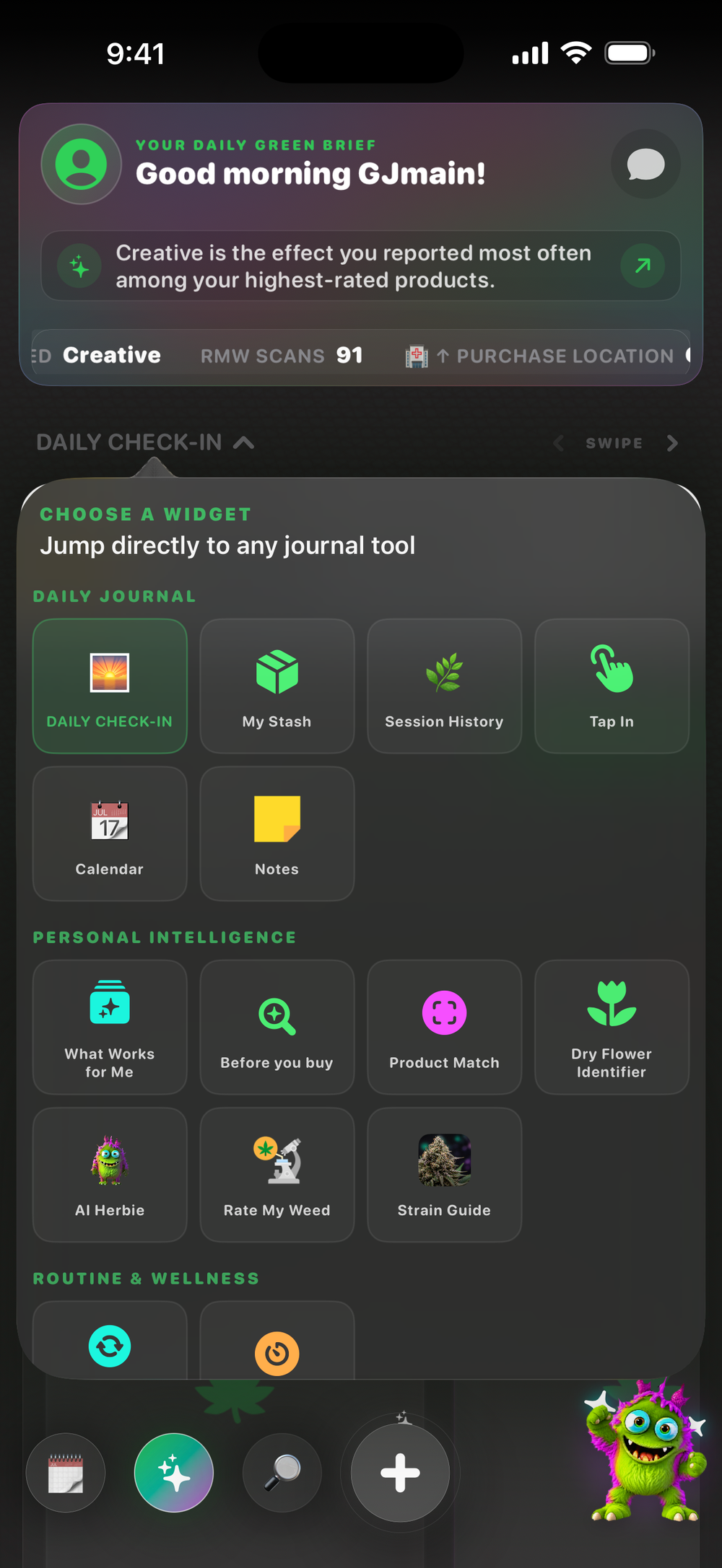 Green Journal in-app home widget menu displayed inside a phone