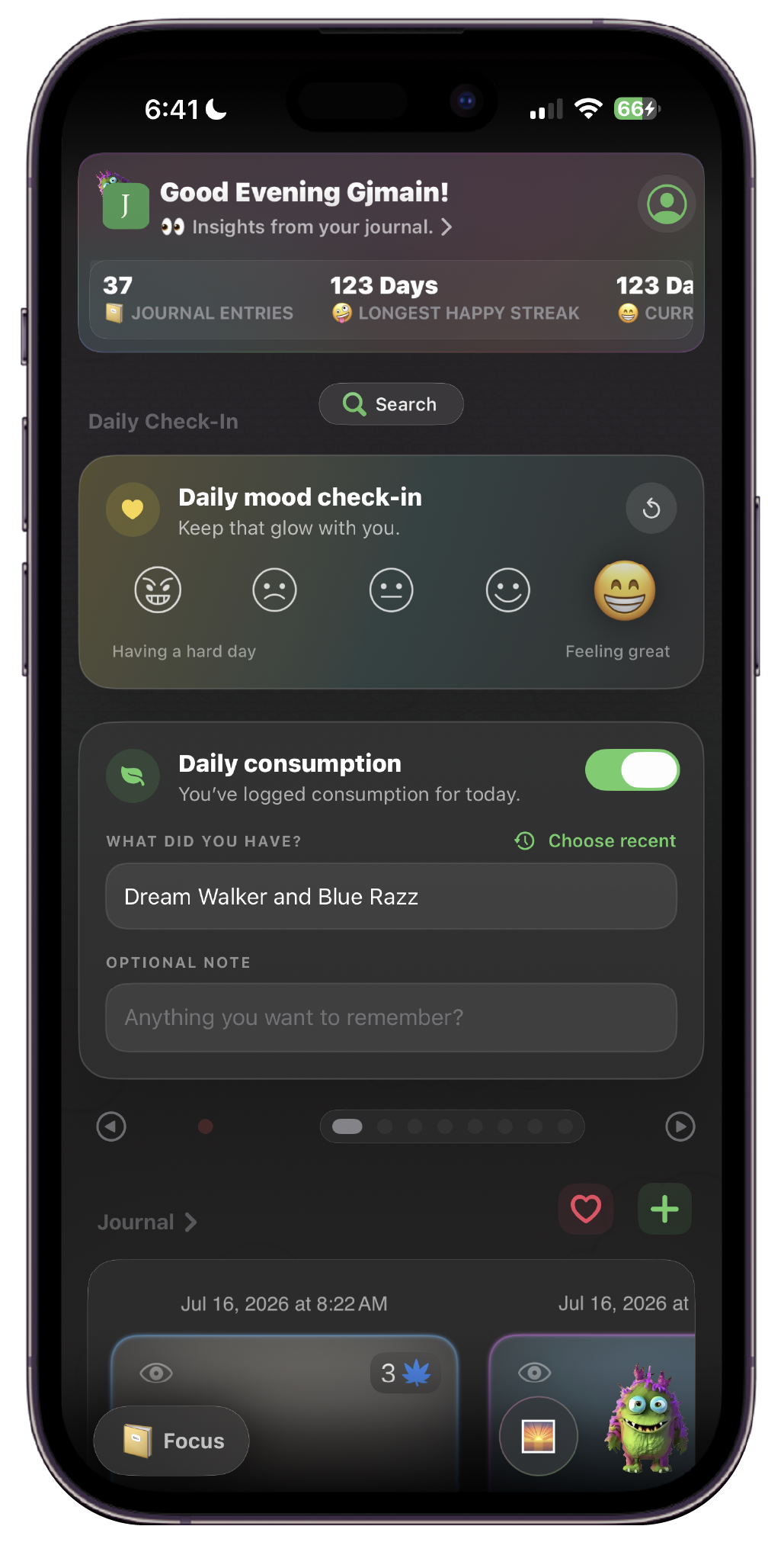 Green journal cannabis journal and tracker Home Screen with various widgets such as calendar, AI chatbot, community previews, notes and rate my weed.