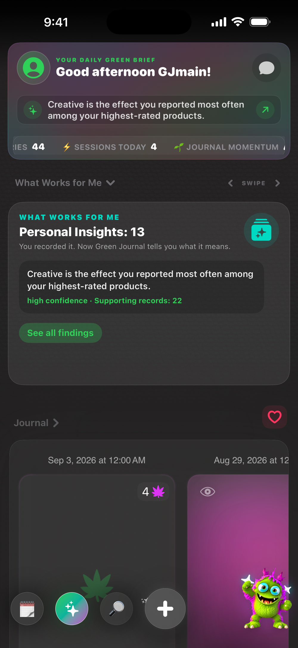 Green Journal personal insights inside a phone