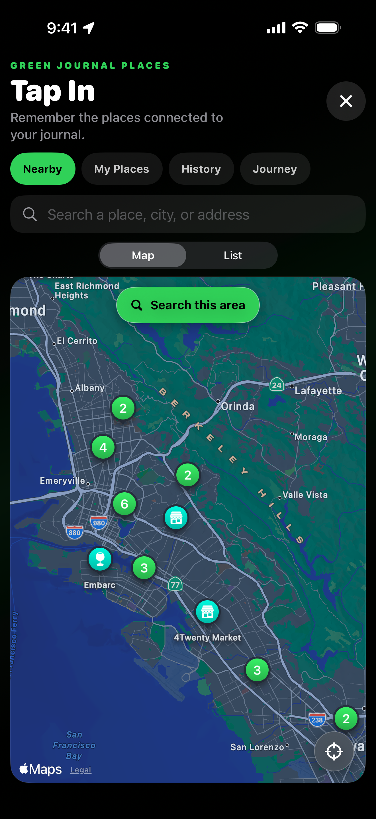 Tap In map showing nearby places around Oakland and Berkeley