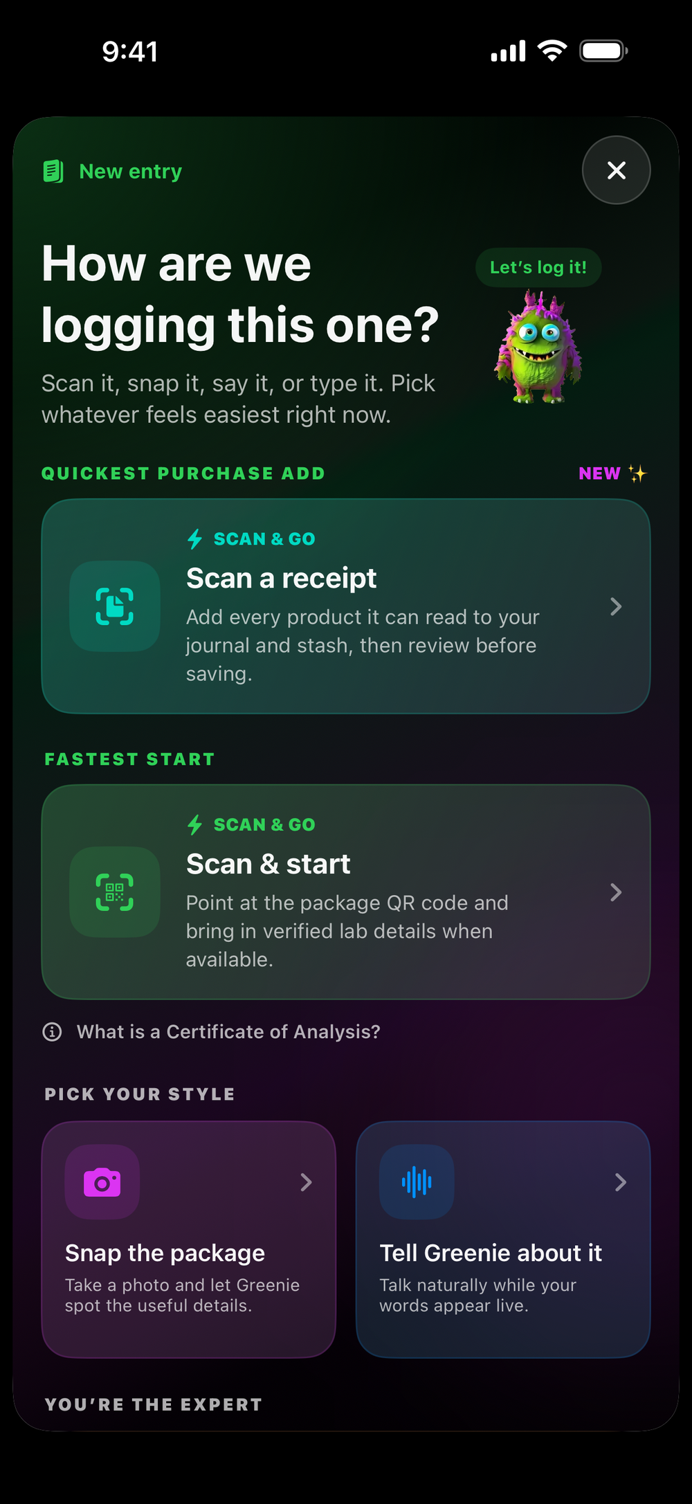 Green Journal receipt, QR, photo and voice capture options in a phone
