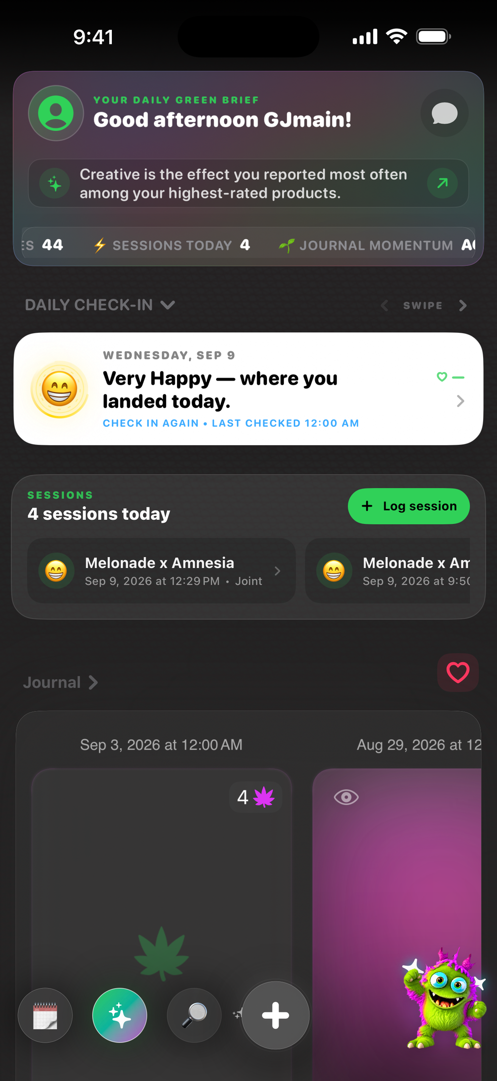 Green Journal daily check-in and session history shown inside the central phone
