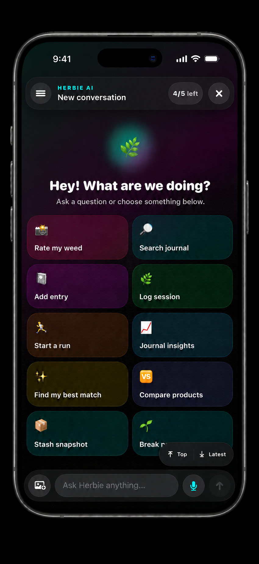 Current Green Journal Herbie AI screen displayed in a graphite phone.