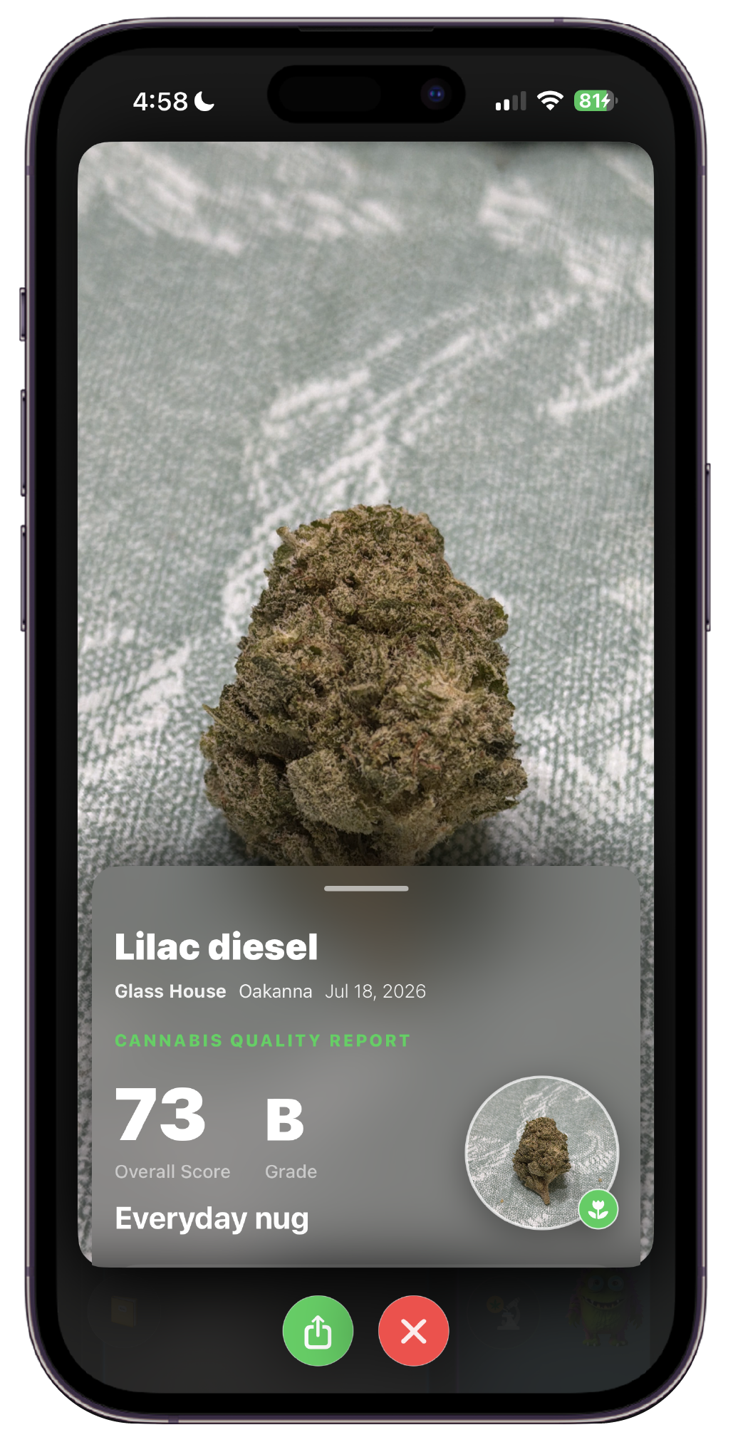 cannabis sommelier / rate my weed feature. judges weed off of color, trichomes, trim, and aroma.
