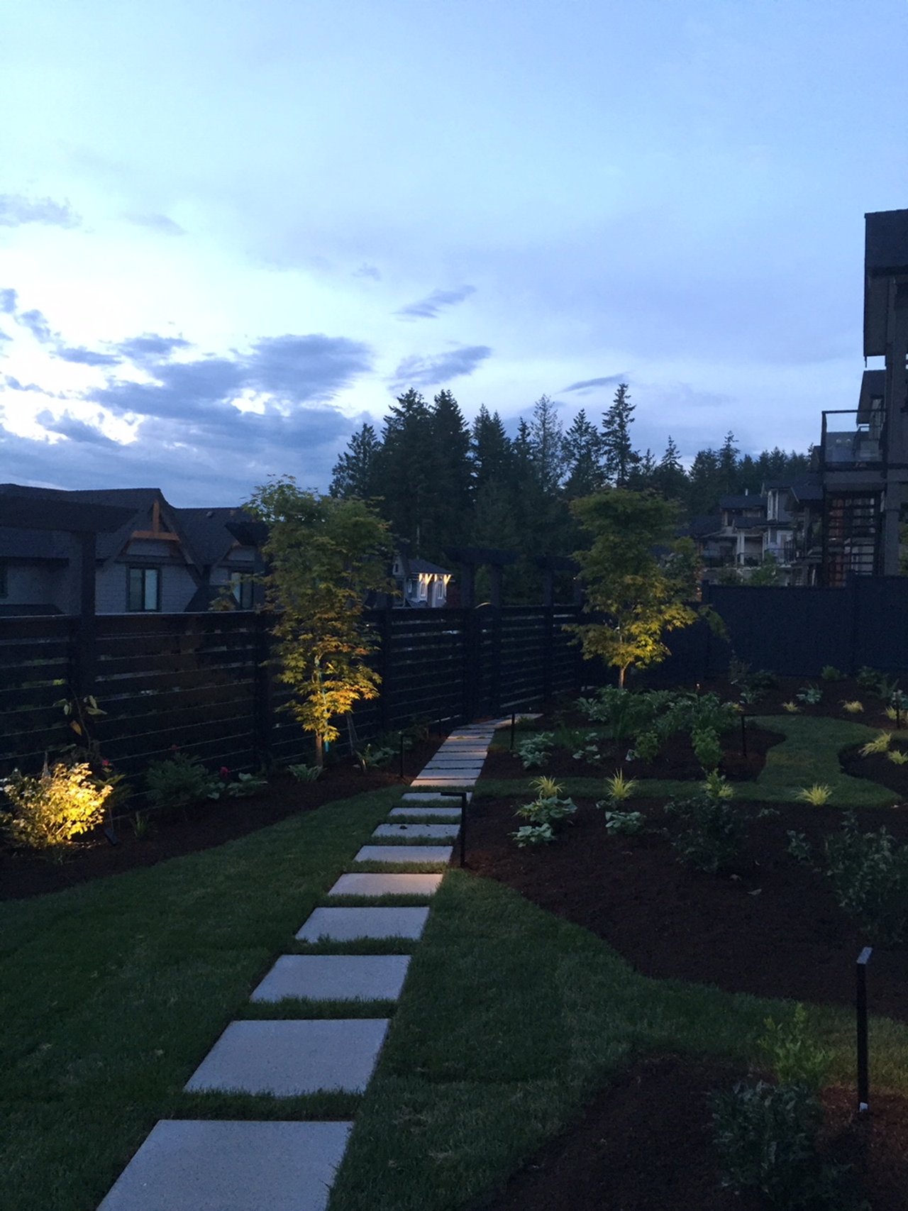 Evening view with tree uplighting, in May