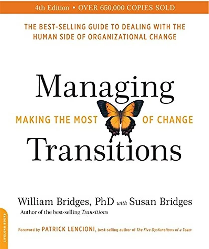 Cover of the book 'Managing Transitions: Making the Most of Change, 4th Edition' by William Bridges and Susan Bridges. Features a butterfly and text about organizational change.