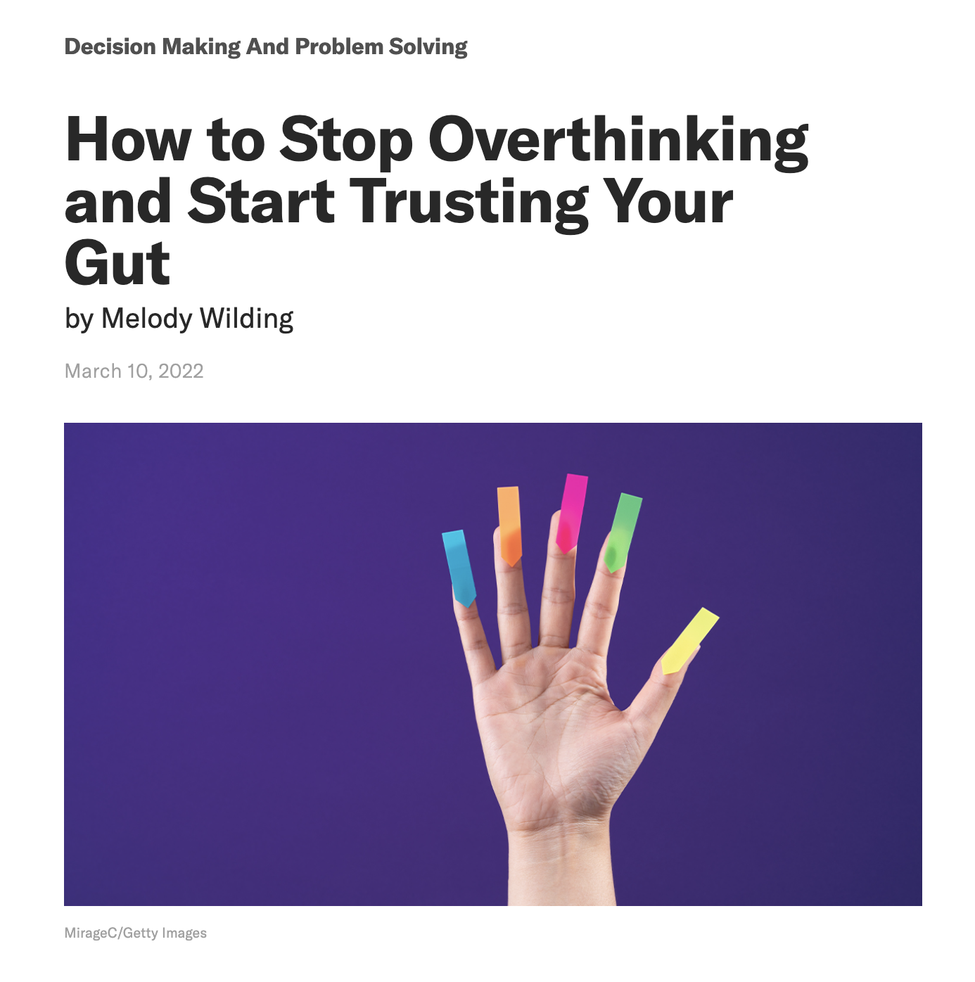 Human hand with colorful sticky notes on each fingertip against a purple background.