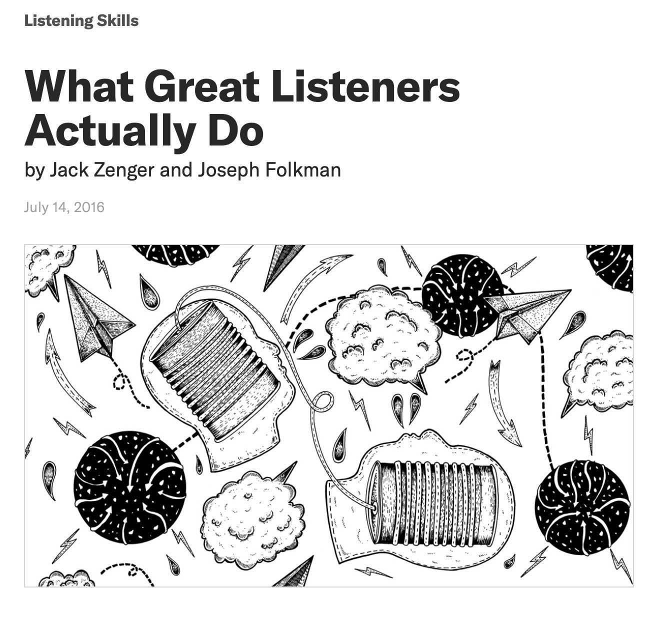 Article illustration with abstract design featuring tin can phones, clouds, paper airplanes, and geometric shapes, representing communication and listening.