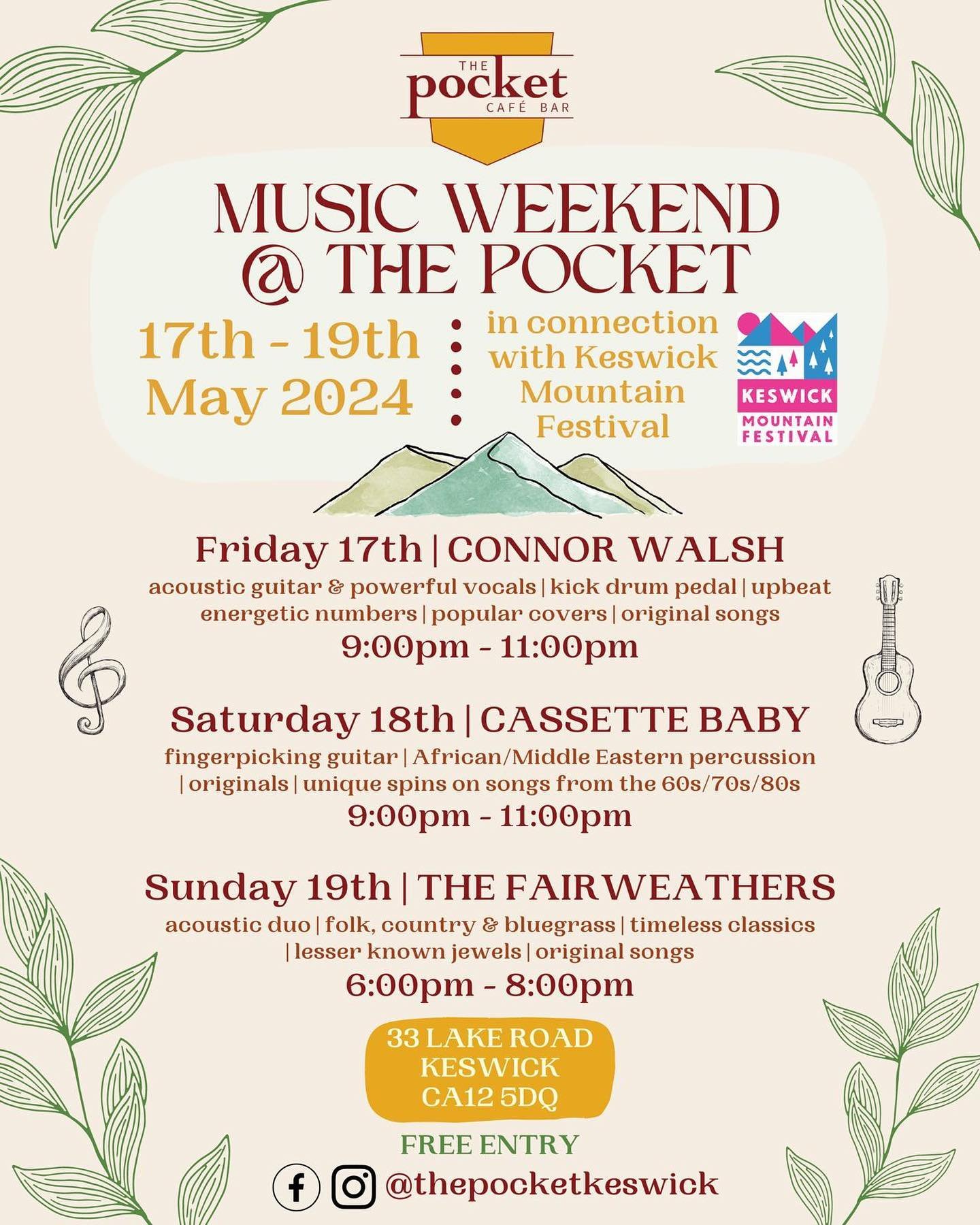 We&rsquo;re very excited to be collaborating with @keswickfestival again this year! ⛰️ The live music at the festival will run until 9:00pm on the Friday and Saturday, at which point we will take over down at The Pocket. We are also hosting music on 