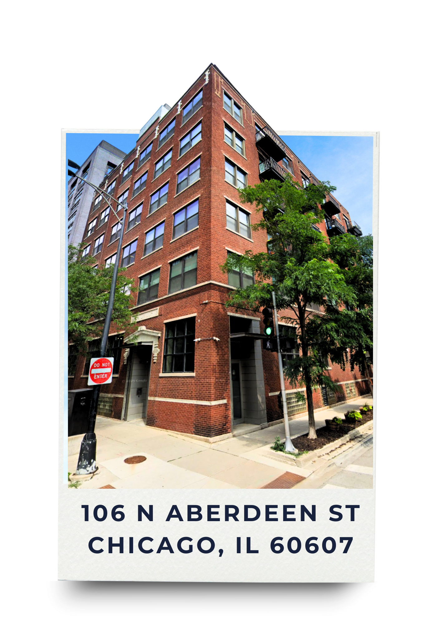 A tall red brick apartment building with multiple windows on a city street corner, trees, and a streetlight, located at 106 N Aberdeen St, Chicago, Illinois 60607.