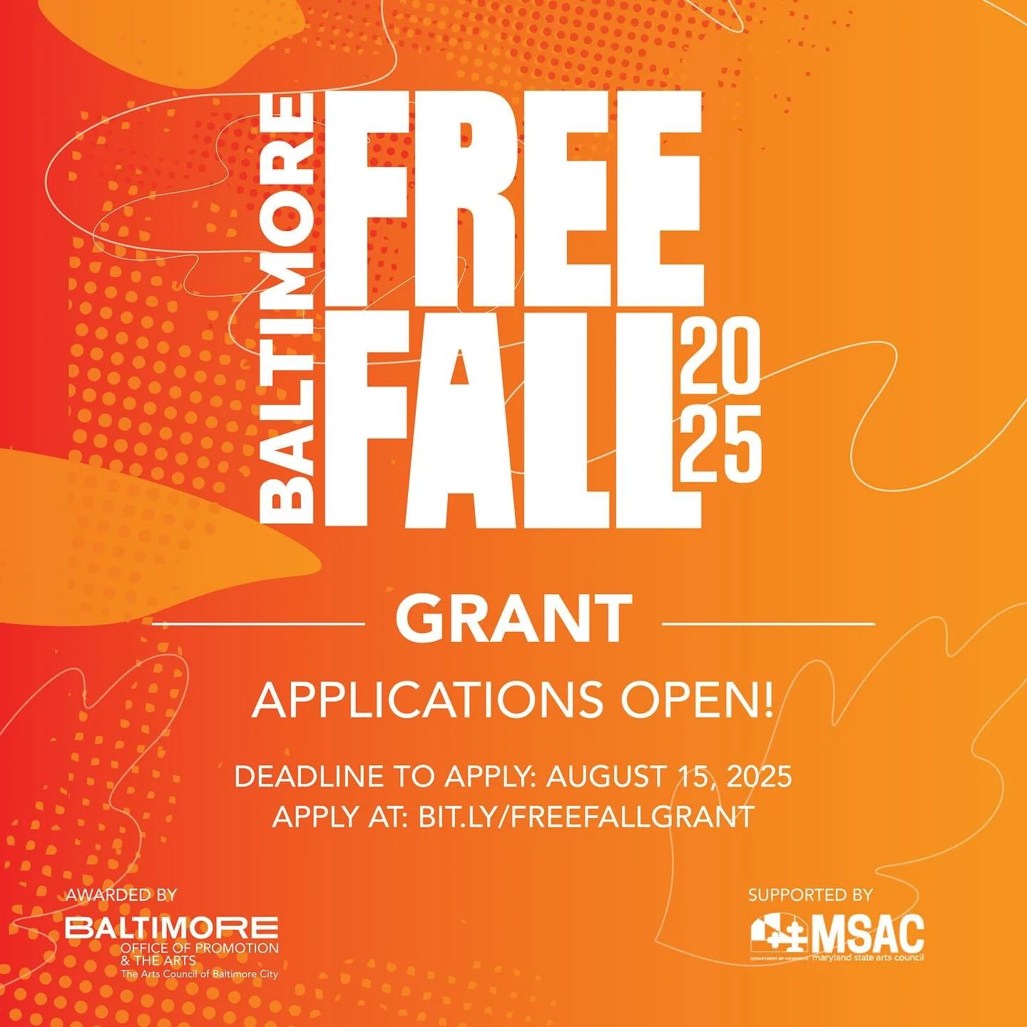 All eligible artists and organizations are encouraged to apply. Proposed events must take place in Baltimore City between October 1 and 31, 2025. The deadline is 11:59 p.m. EST on August 15, 2025. There is no application fee. The Free Fall grant appl