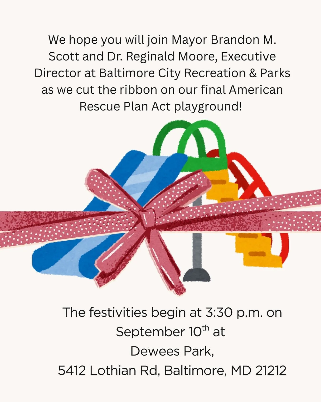 On September 10 at 3:30, @recnparks will cut the ribbon on its final American Rescue Plan Act playground! We hope to see you there.