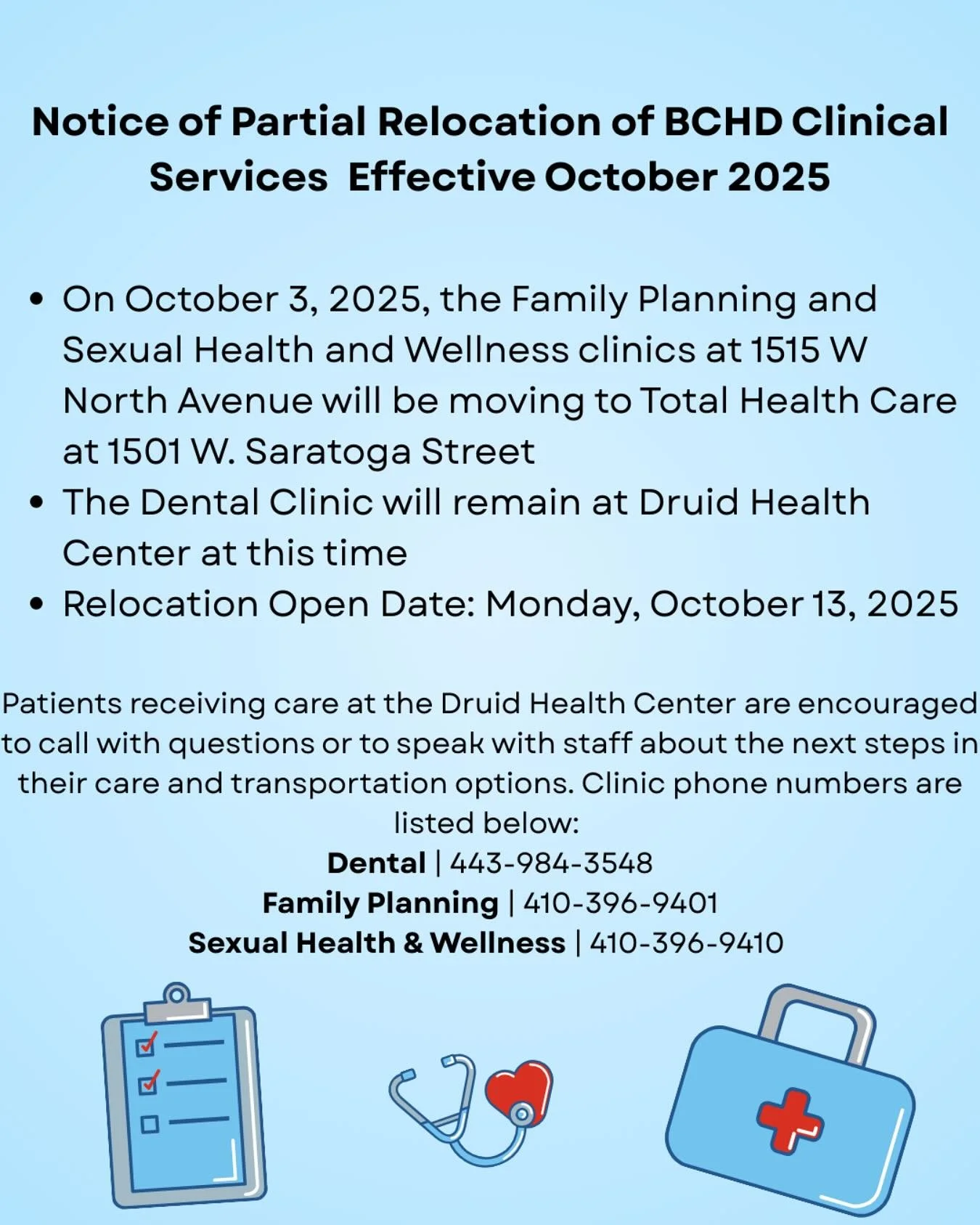 Please make note of the upcoming partial relocation of BCHD clinical services, effective October 2025.
