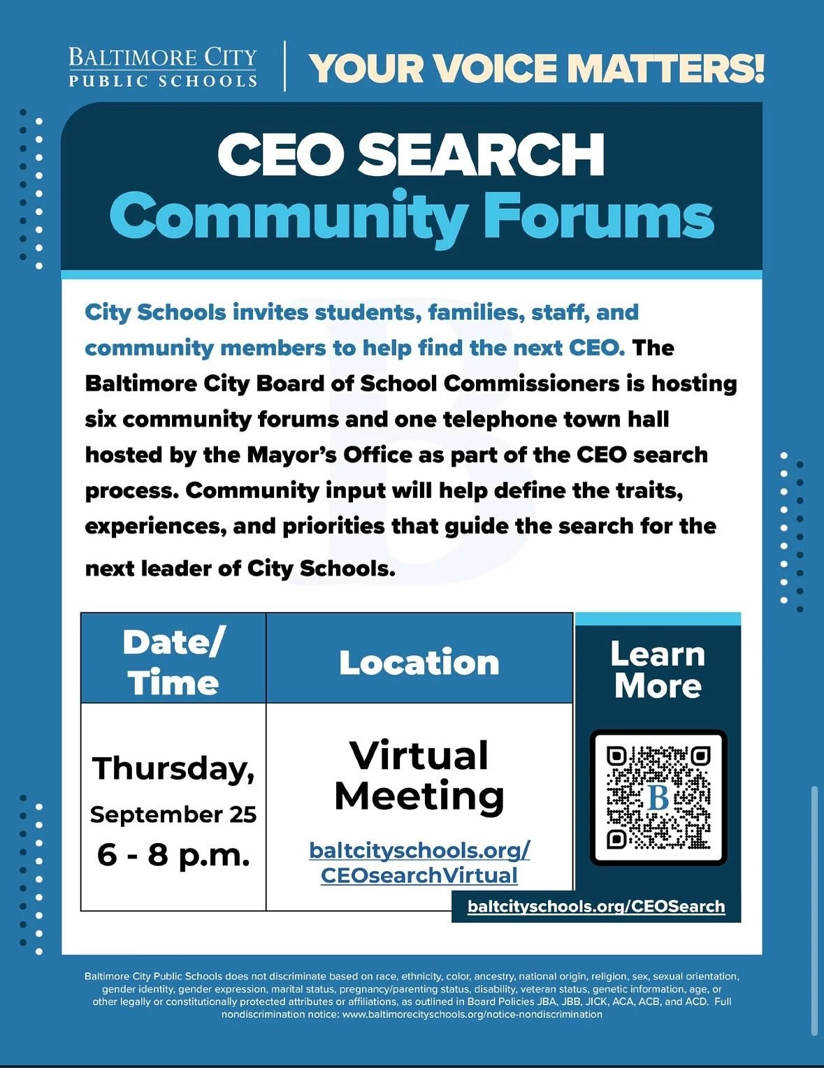Your voice matters! City Schools invites students, families, staff, and community members to help find the next CEO. Virtual meeting this Thursday, September 25 at 6:00pm.