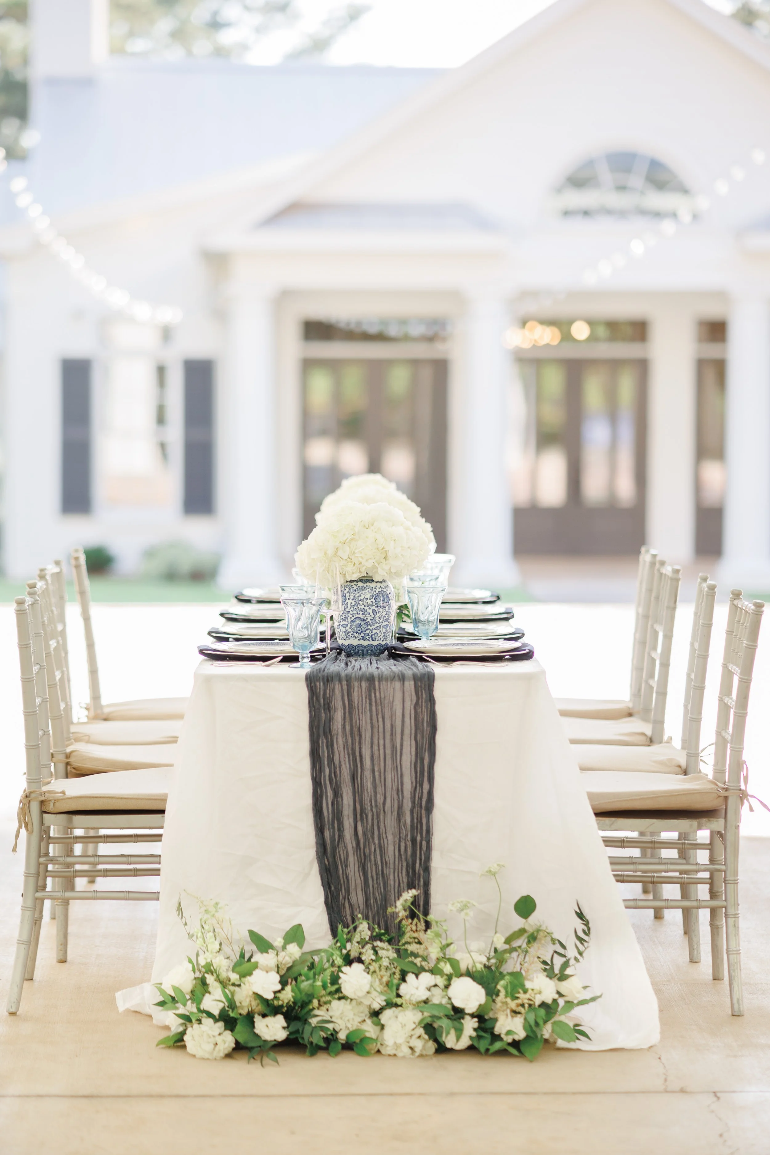 white and green reception flowers