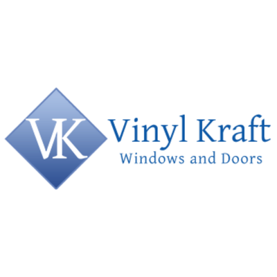 Logo for Vinyl Kraft, a company specializing in windows and doors, featuring a blue Diamond shape with the initials VK and the company name beside it.