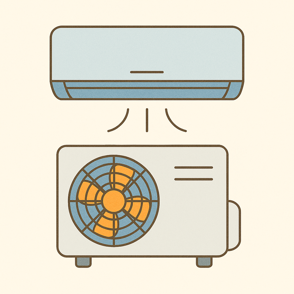 Illustration of a split air conditioning unit with indoor and outdoor components.