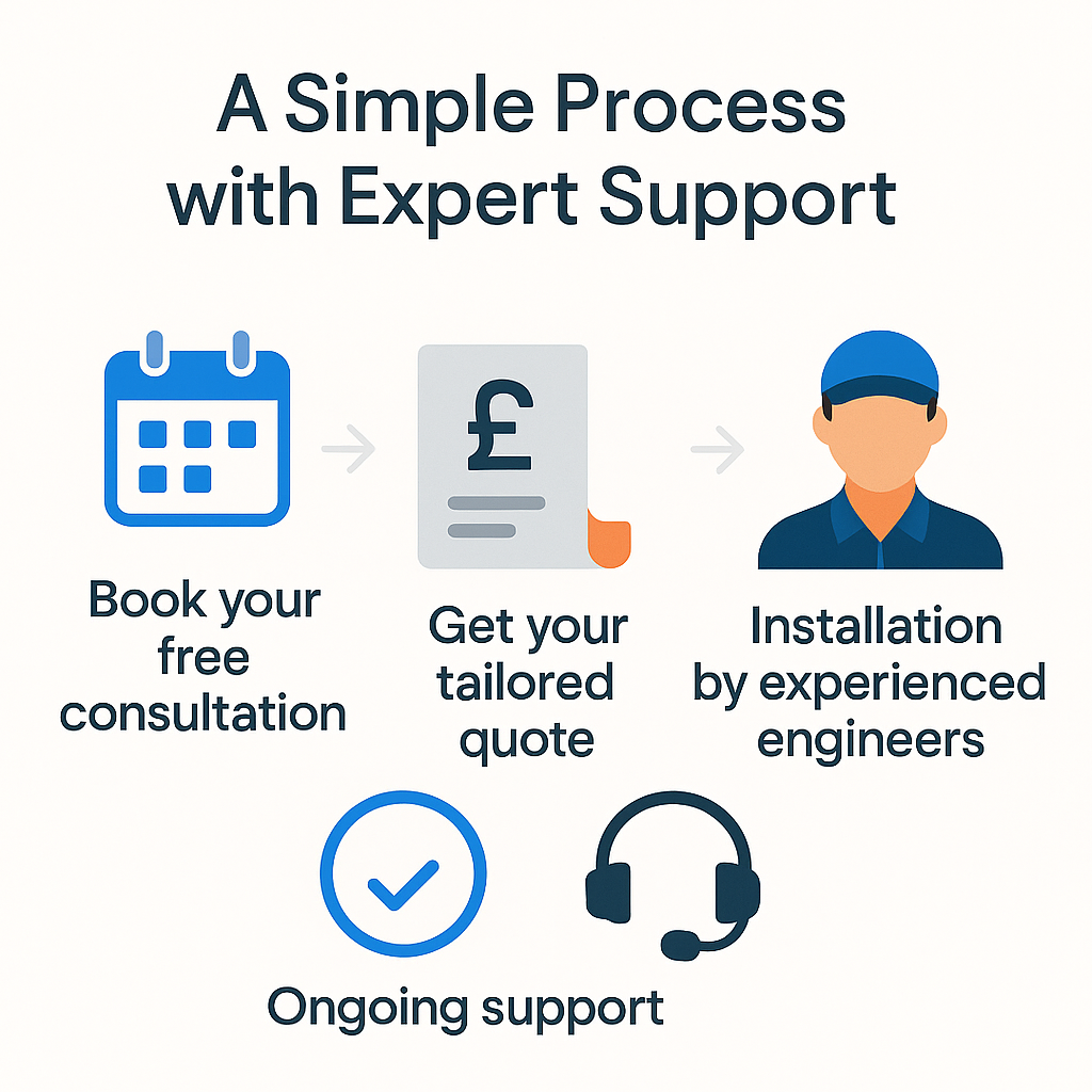 Infographic showing four-step AirCon iQ process: book a free consultation, receive a tailored quote, installation by experienced engineers, and ongoing support, with clear icons and clean layout.