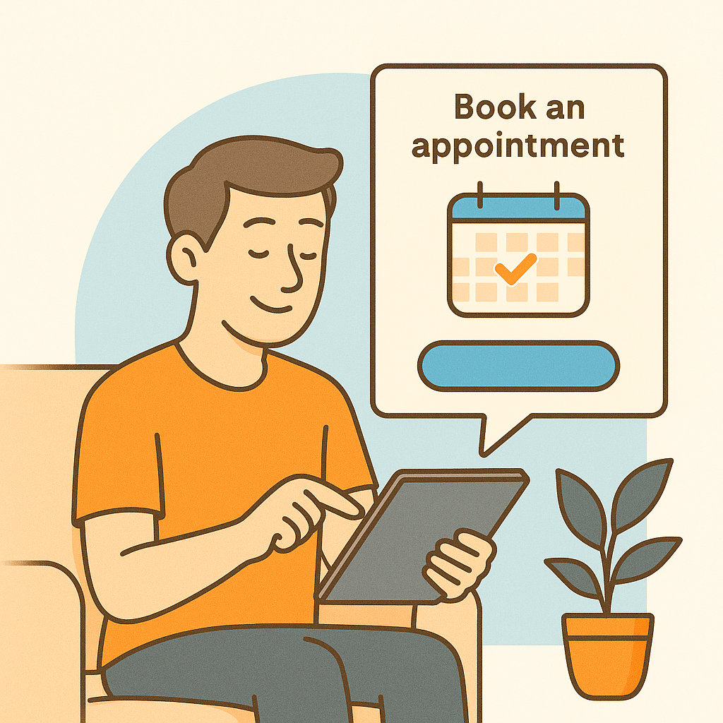 Illustration of a person sitting on a couch, using a tablet to book an appointment. A speech bubble displays a calendar icon and the text "Book an appointment." A potted plant is in the background.