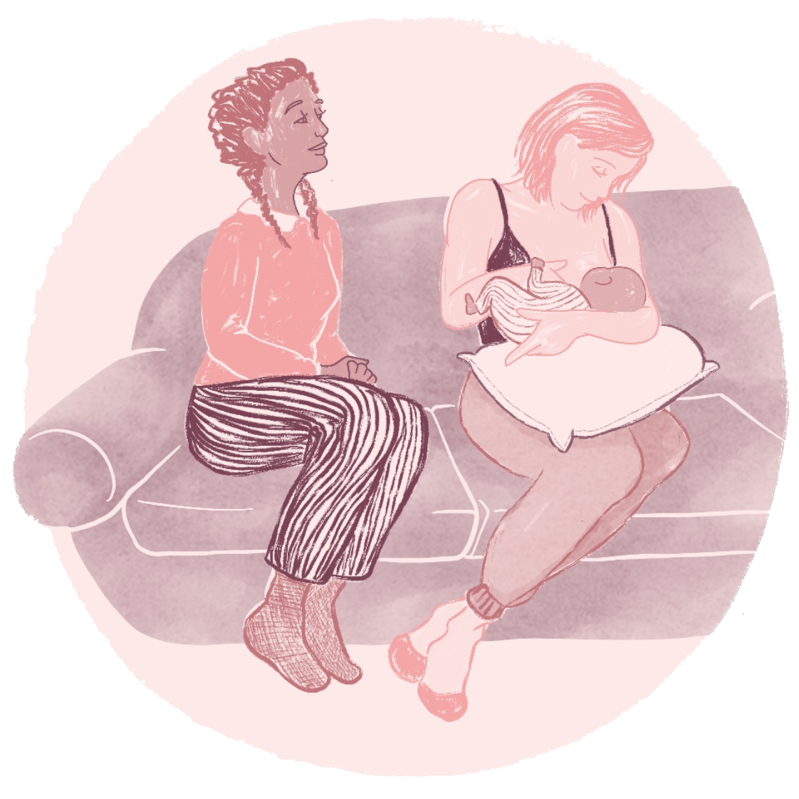 Decorative graphic tile with text advertising overnight postpartum doula services for nighttime newborn support