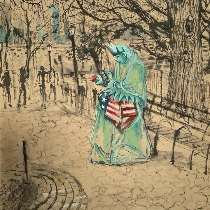 Statue of Liberty 🗽 having a break in Battery Park Spring 2022 &hellip;. I&rsquo;ve often been drawn to living statues who manage to stay perfectly still for ages, mostly in tourist areas posing for tips and selfies. Chinese inks on bamboo grass pap