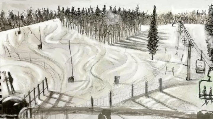 Spring skiing &hellip; can you spot the guy rolling down the hill.. still working on the chairlift movement and gusts of wind lifting the snow &hellip; reworked from an ink and mixed media #peak8breck 
.
.
.
.
#skiing #breckonridge #colorado #springs