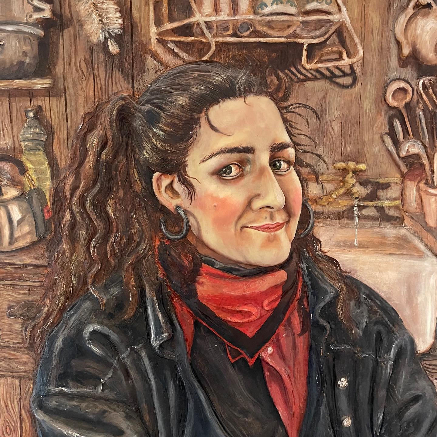 Re-living my youth.. flashback &ldquo;Self Portrait with salmon &amp; cream cheese bagel with coffee&rdquo; updated profile ig pic (today).. this relief was exhibited in the National Portrait gallery BP awards, 1991. Wearing a leather jacket &amp; la