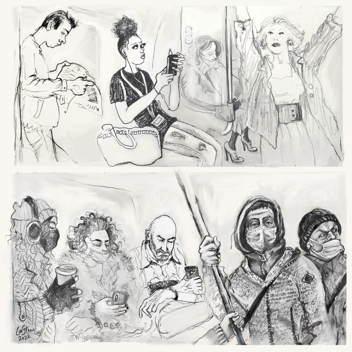 ✏️pencil sketches in situ mostly drawn on the northern line later morphed digitally into one image collaging separate drawings into one image then made into a print .. some of these characters have appeared in earlier posts see if you can find them!!