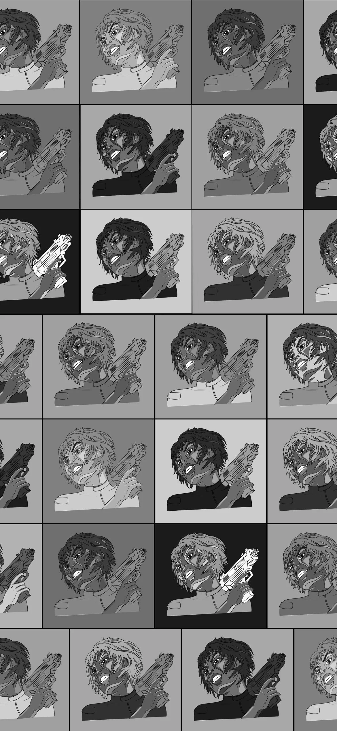 "colors and faces" grid of the original SG concept character in different color palettes (blk/wht). Will her face be featured in any upcoming drops?  Sep 2 '21.