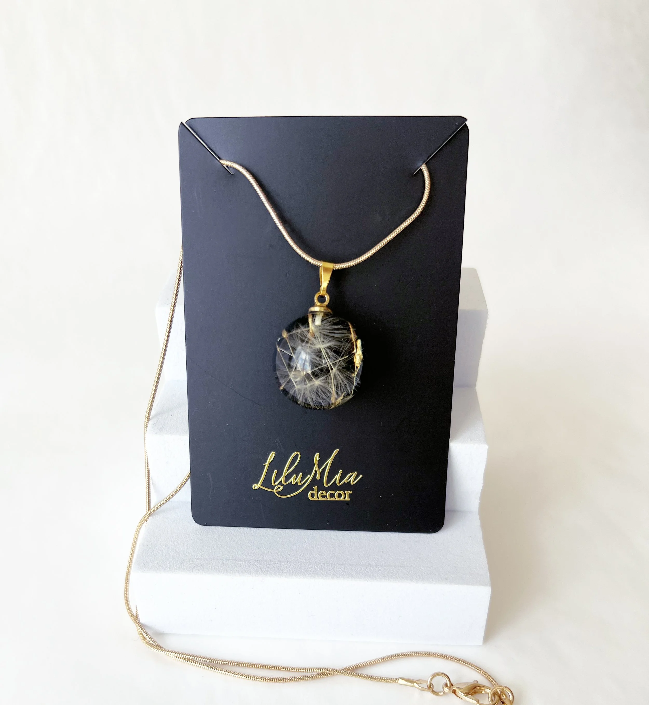 Dandelion Seeds Necklace (Black Background) Gold Setting
