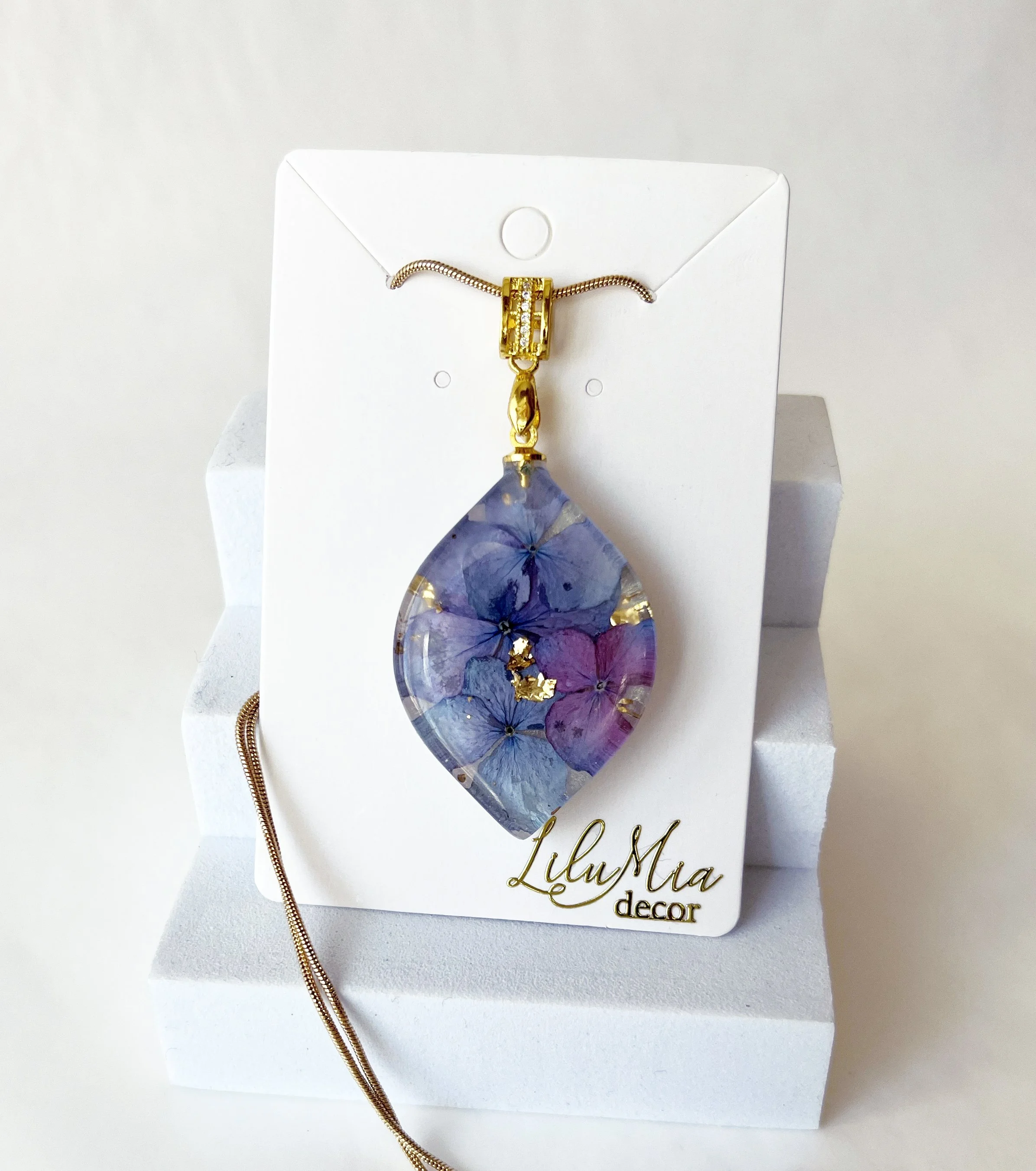 Hydrangea Necklace ( Lavender)  Gold Setting