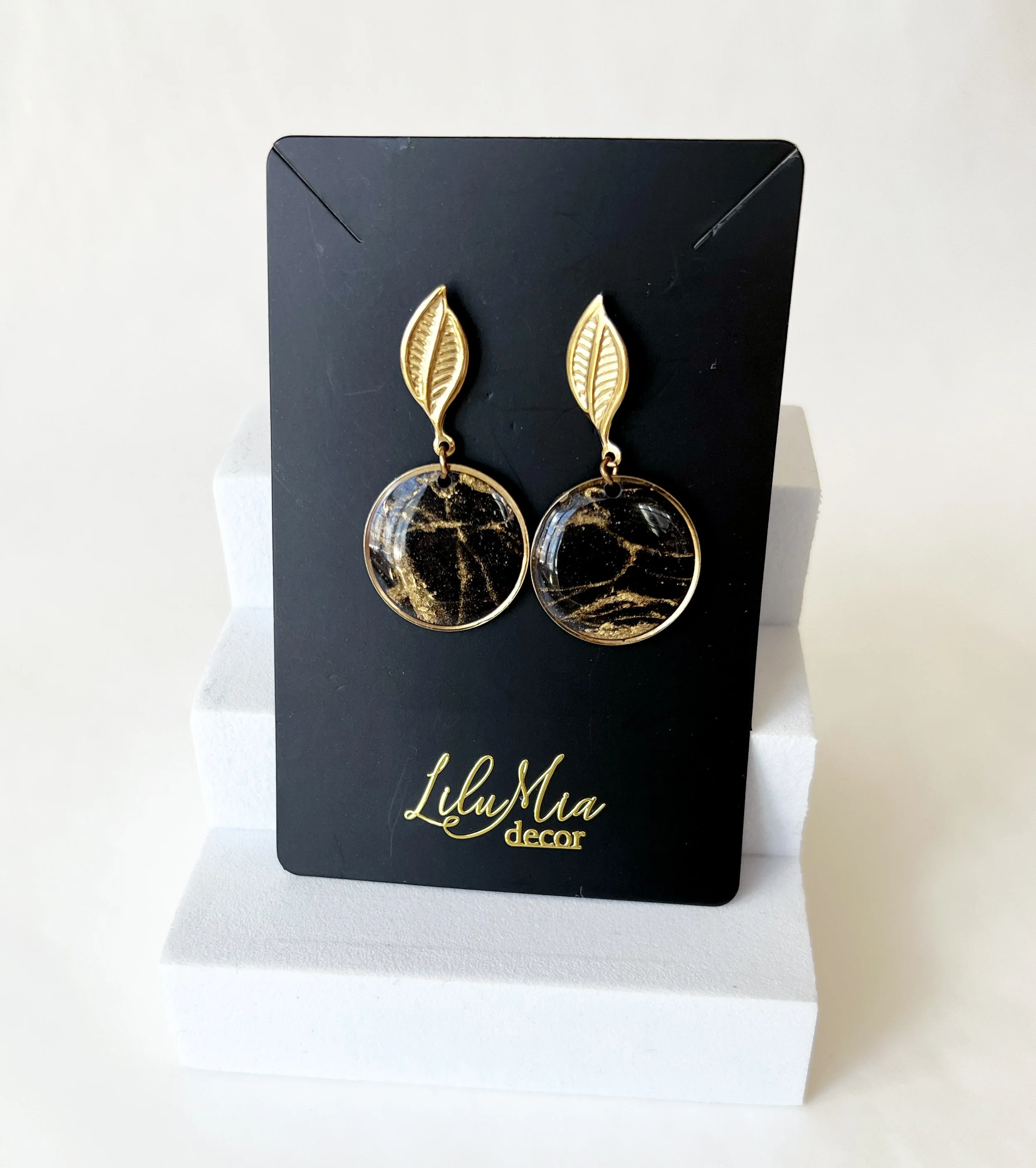 Marble Earrings (Black and Gold) Gold Setting