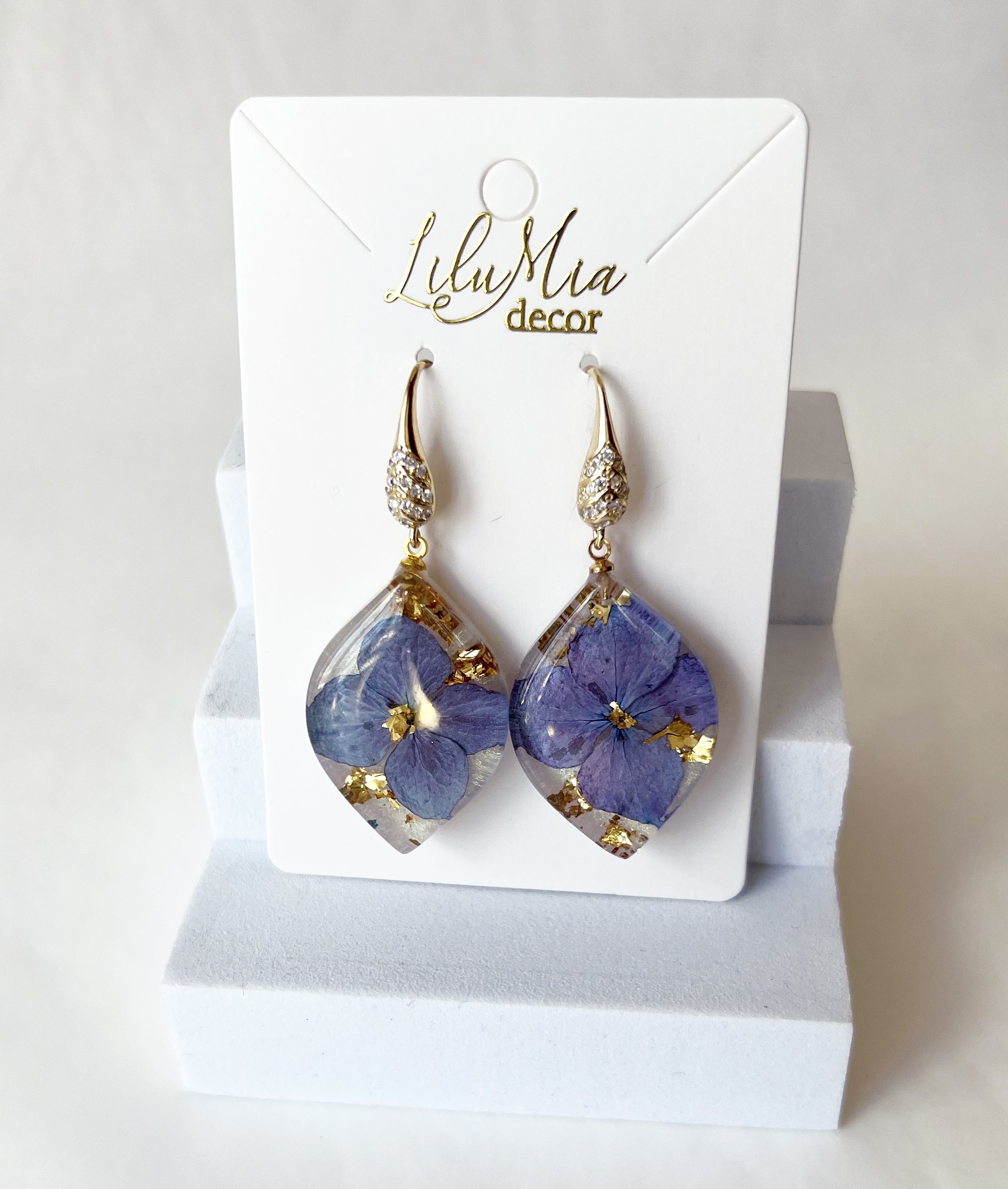 Hydrangea Earrings ( Lavender Leaf Shape) Gold Setting